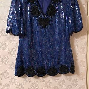 Elegant Blue Sequin Blouse with Black Details